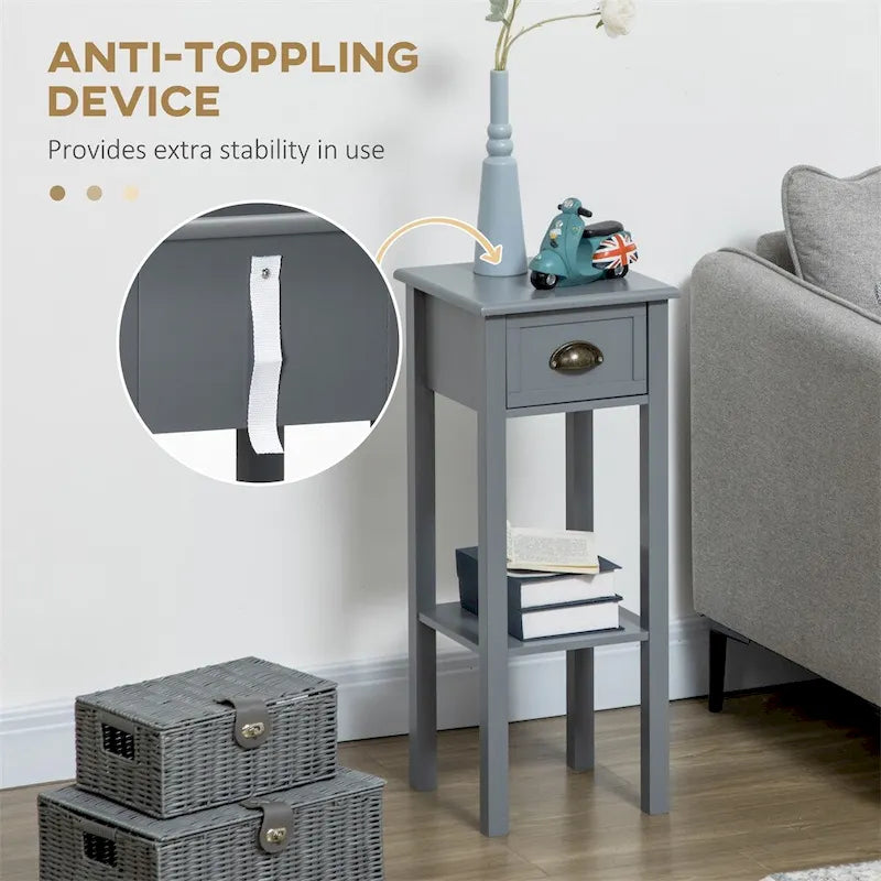 2-Tier Side Table with Drawer,Narrow End Table with Bottom Shelf