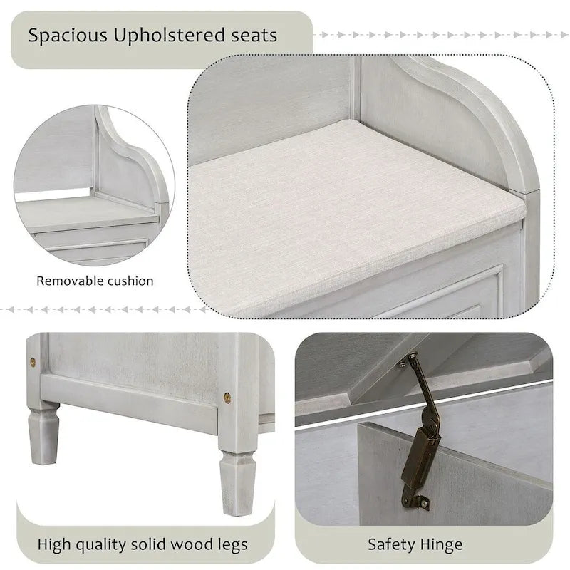 Farmhouse Solid Wood Multi-Purpose Upholstered Storage Bench