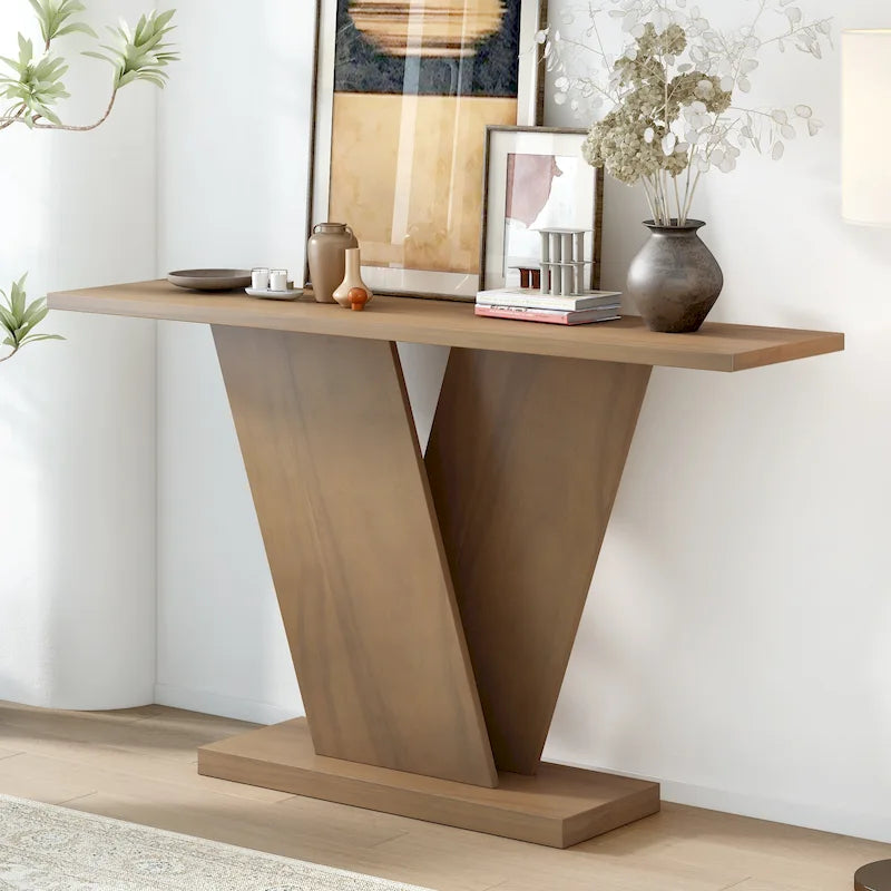 Elegant Console Table with Natural Wood Veneer and V-Base Design
