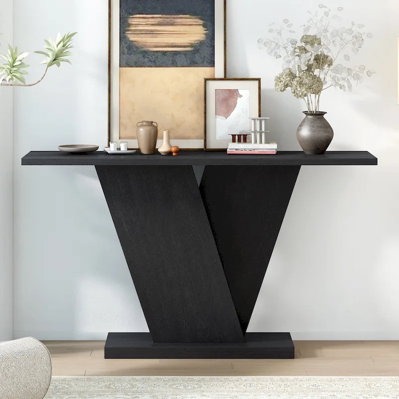 Elegant Console Table with Natural Wood Veneer and V-Base Design