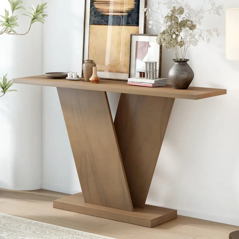 Elegant Console Table with Natural Wood Veneer and V-Base Design