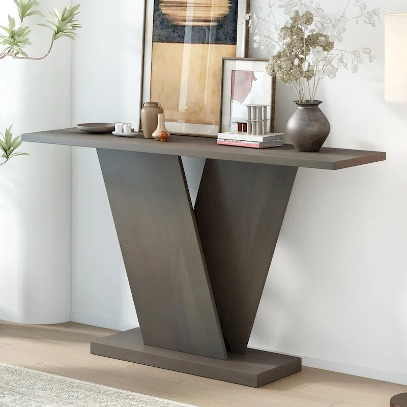 Elegant Console Table with Natural Wood Veneer and V-Base Design