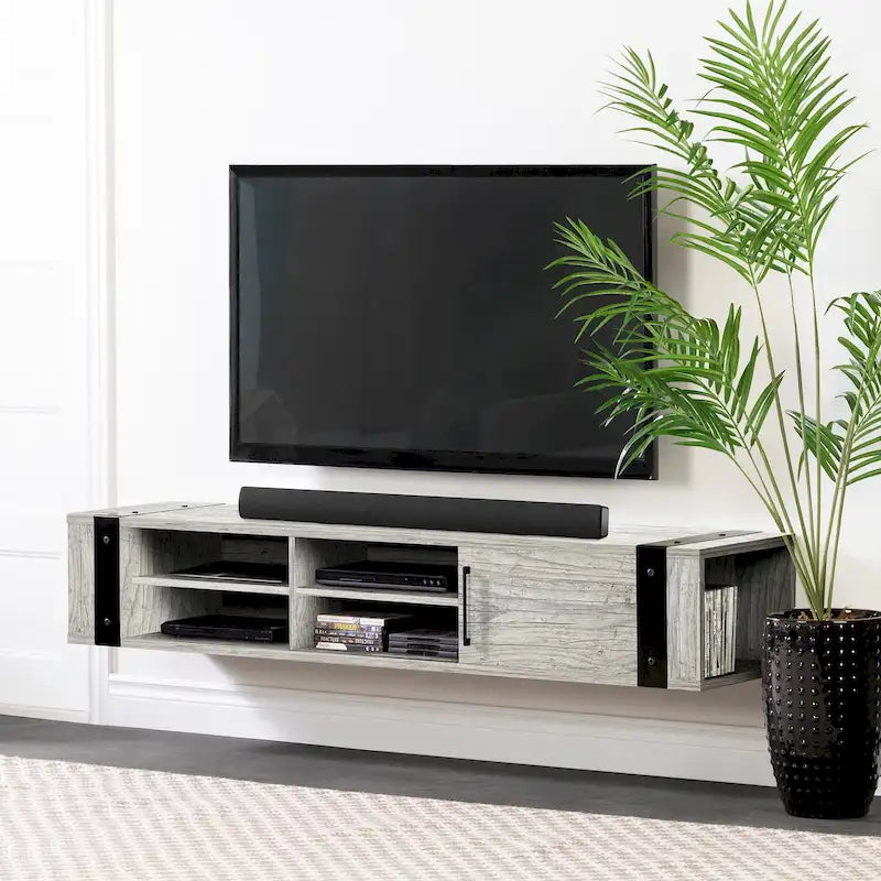 Wall Mounted Media Console with Industrial Metal Accents, Weathered Oak and Seaside Pine