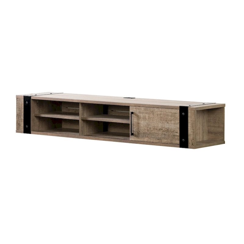 Wall Mounted Media Console with Industrial Metal Accents, Weathered Oak and Seaside Pine