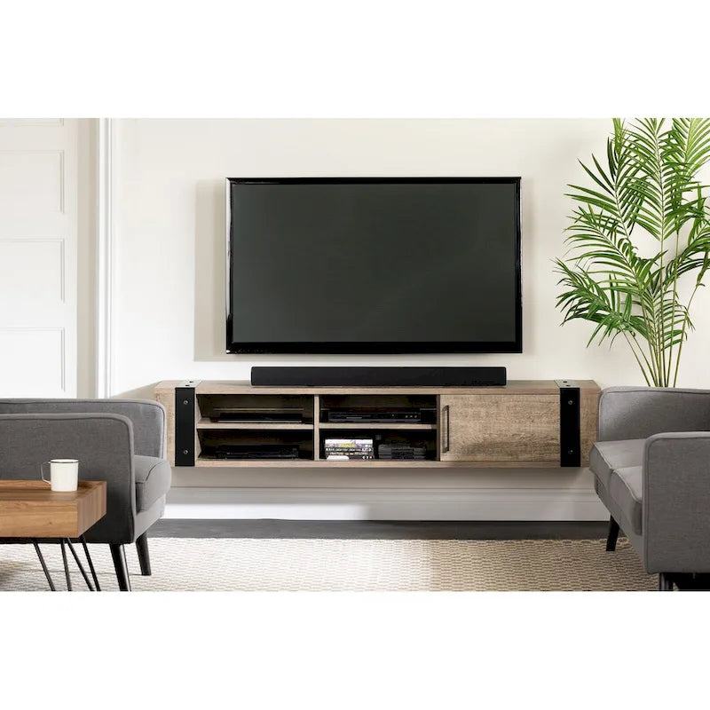 Wall Mounted Media Console with Industrial Metal Accents, Weathered Oak and Seaside Pine