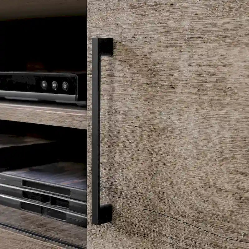 Wall Mounted Media Console with Industrial Metal Accents, Weathered Oak and Seaside Pine