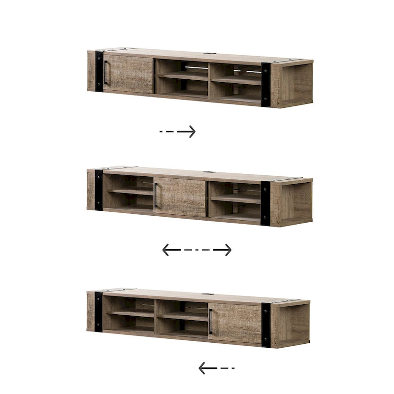 Wall Mounted Media Console with Industrial Metal Accents, Weathered Oak and Seaside Pine
