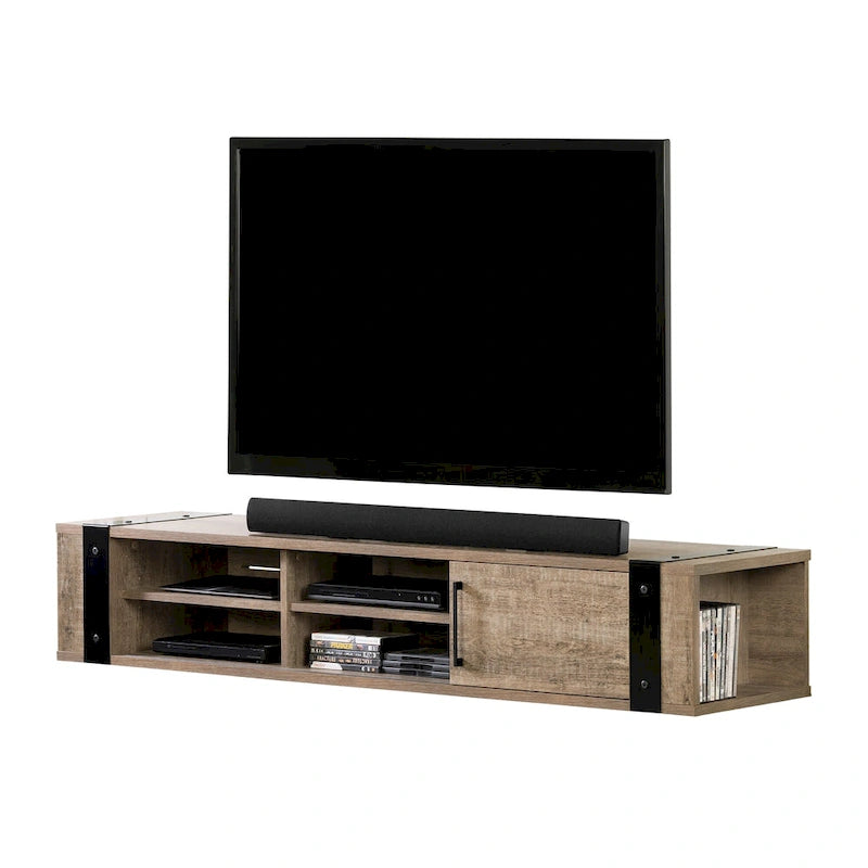 Wall Mounted Media Console with Industrial Metal Accents, Weathered Oak and Seaside Pine
