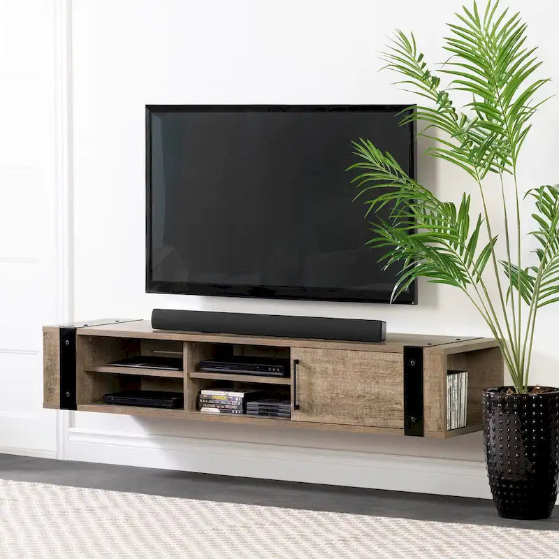 Wall Mounted Media Console with Industrial Metal Accents, Weathered Oak and Seaside Pine