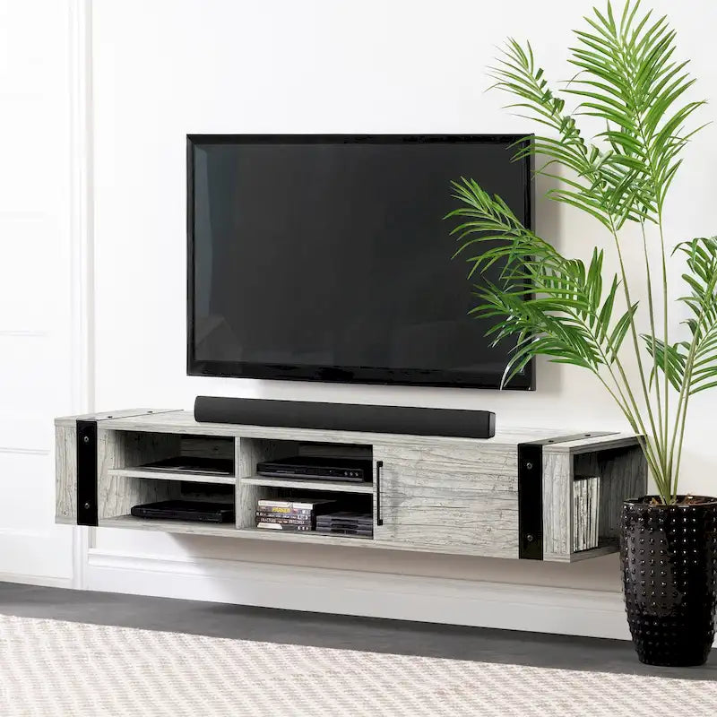 Wall Mounted Media Console with Industrial Metal Accents, Weathered Oak and Seaside Pine