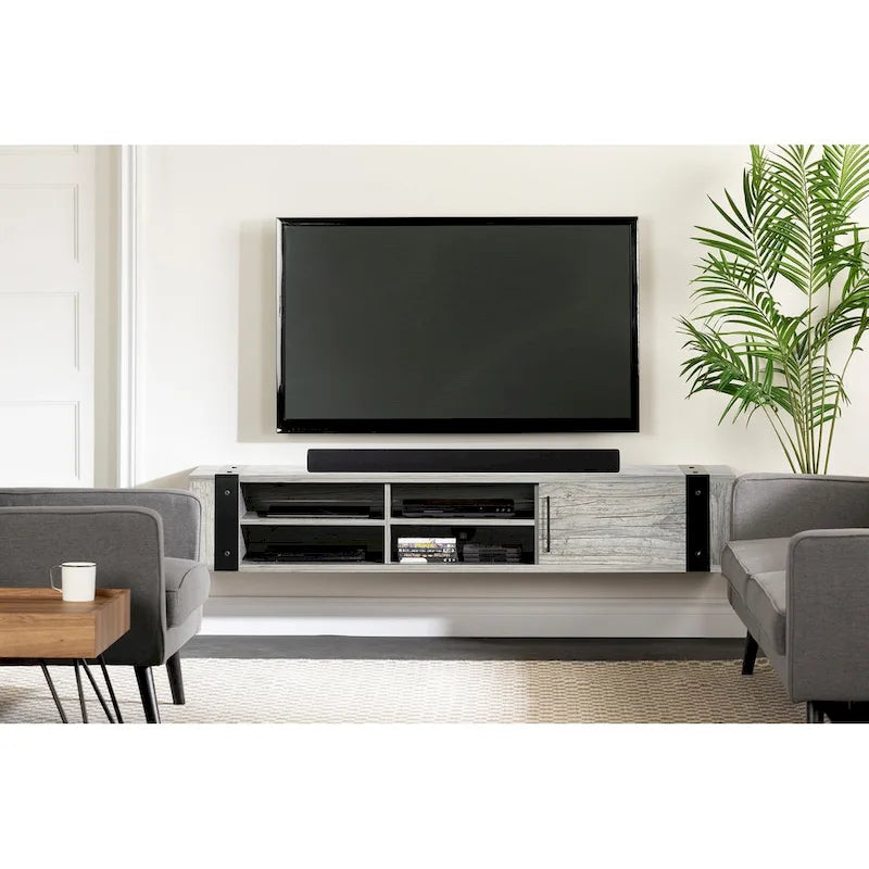 Wall Mounted Media Console with Industrial Metal Accents, Weathered Oak and Seaside Pine