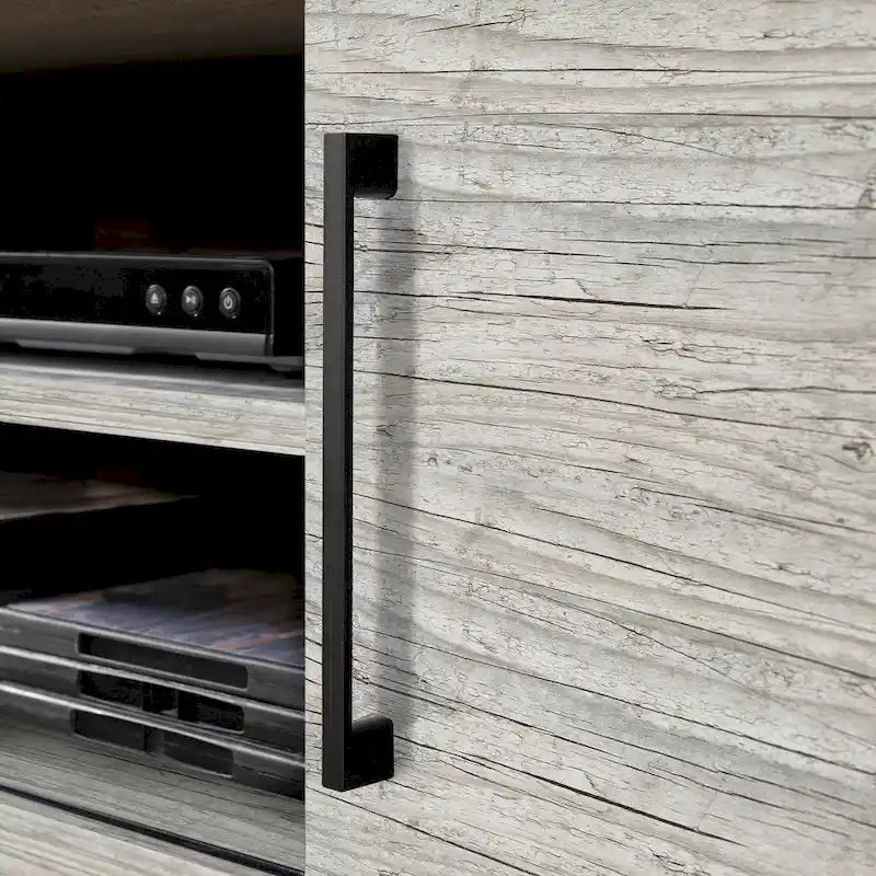 Wall Mounted Media Console with Industrial Metal Accents, Weathered Oak and Seaside Pine