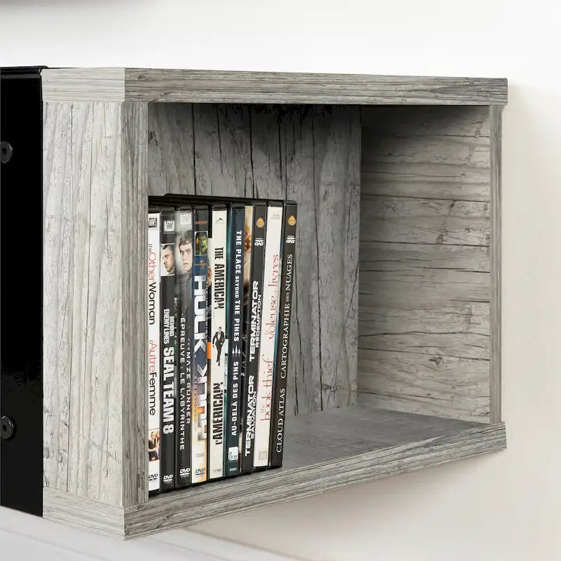 Wall Mounted Media Console with Industrial Metal Accents, Weathered Oak and Seaside Pine