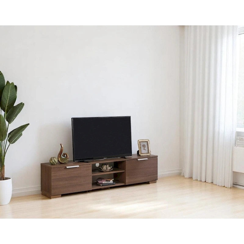 Mid-Century Modern Walnut TV Stand with 2 Doors and Open Shelves