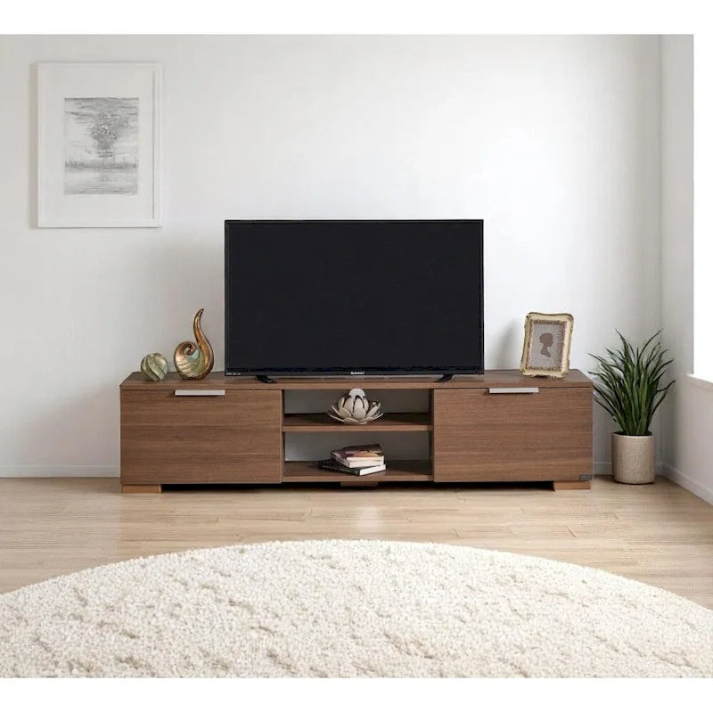 Mid-Century Modern Walnut TV Stand with 2 Doors and Open Shelves