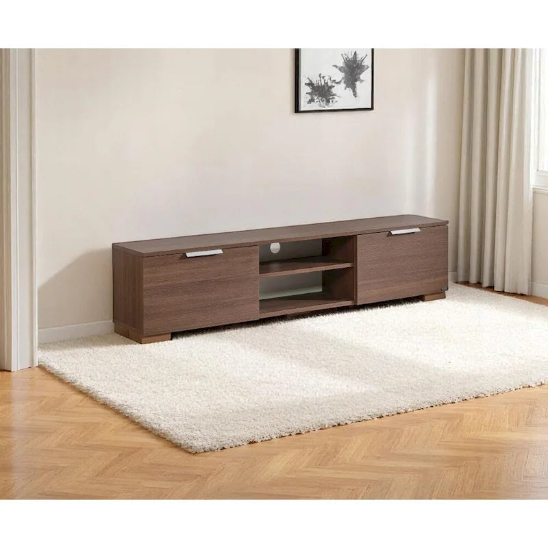 Mid-Century Modern Walnut TV Stand with 2 Doors and Open Shelves
