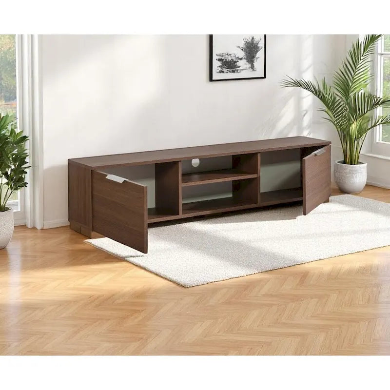Mid-Century Modern Walnut TV Stand with 2 Doors and Open Shelves