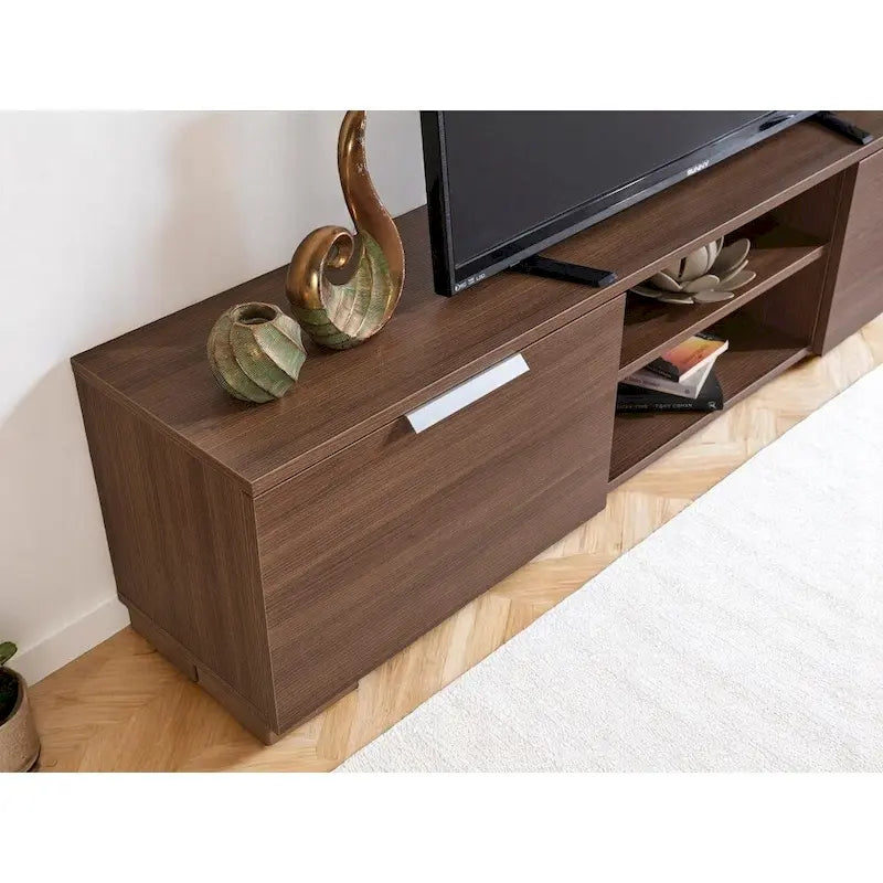Mid-Century Modern Walnut TV Stand with 2 Doors and Open Shelves