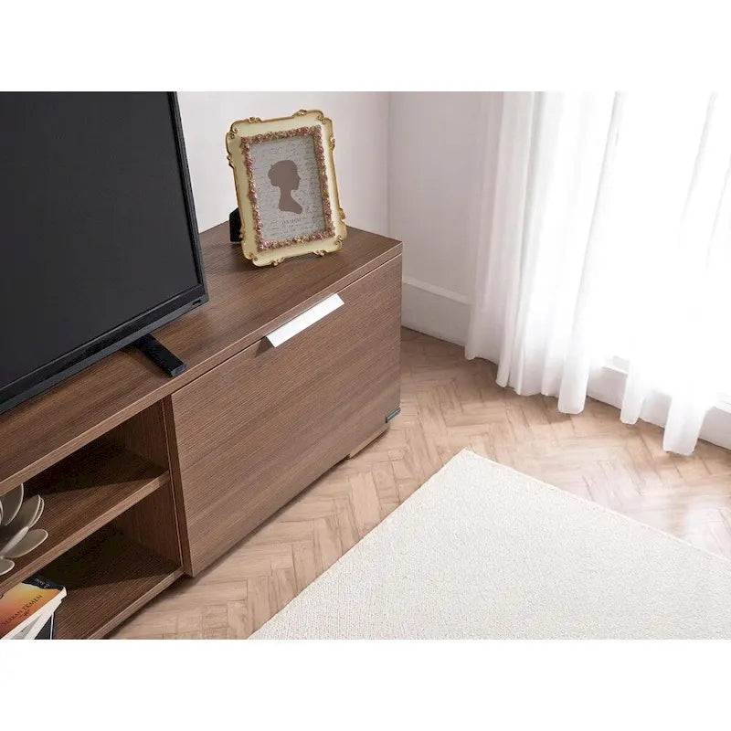 Mid-Century Modern Walnut TV Stand with 2 Doors and Open Shelves