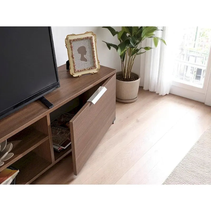Mid-Century Modern Walnut TV Stand with 2 Doors and Open Shelves