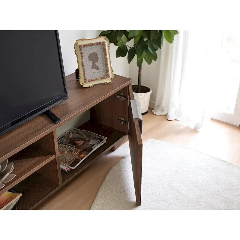 Mid-Century Modern Walnut TV Stand with 2 Doors and Open Shelves