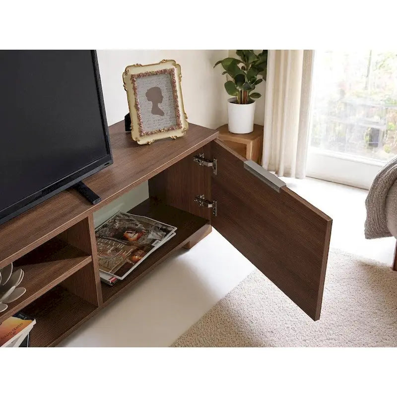 Mid-Century Modern Walnut TV Stand with 2 Doors and Open Shelves