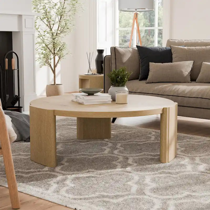 Round Oak Wood Coffee Table with Curved Plinth Legs Natural Finish