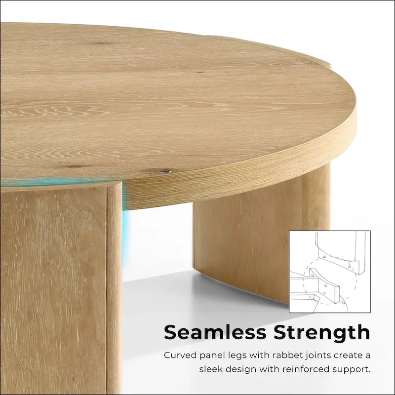 Round Oak Wood Coffee Table with Curved Plinth Legs Natural Finish