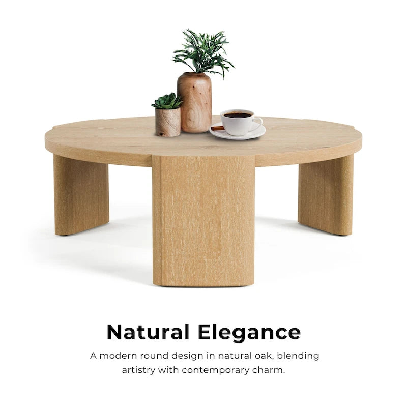 Round Oak Wood Coffee Table with Curved Plinth Legs Natural Finish