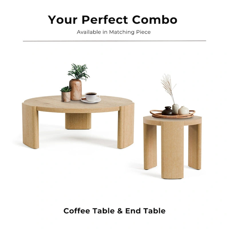 Round Oak Wood Coffee Table with Curved Plinth Legs Natural Finish