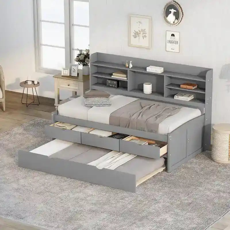 Solid Pine Wood Captain Bed with Bookcase Headboard, Storage Drawers and Pull-Out Trundle, Gray