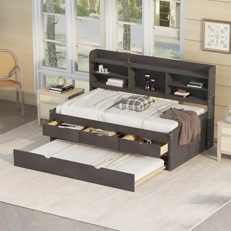 Solid Pine Wood Captain Bed with Bookcase Headboard, Storage Drawers and Pull-Out Trundle, Gray