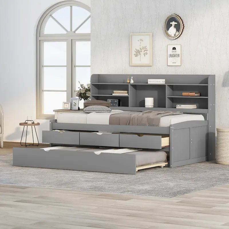 Solid Pine Wood Captain Bed with Bookcase Headboard, Storage Drawers and Pull-Out Trundle, Gray