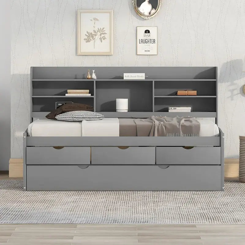 Solid Pine Wood Captain Bed with Bookcase Headboard, Storage Drawers and Pull-Out Trundle, Gray