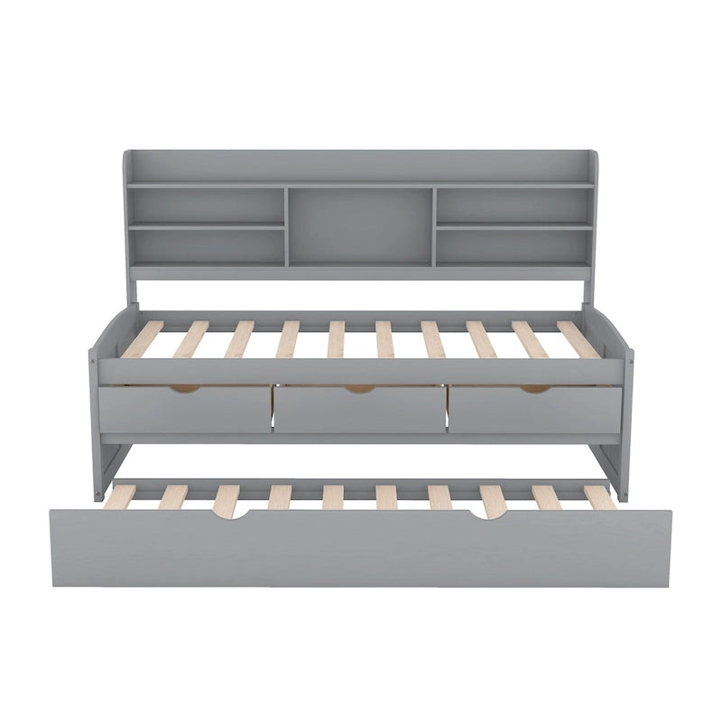 Solid Pine Wood Captain Bed with Bookcase Headboard, Storage Drawers and Pull-Out Trundle, Gray
