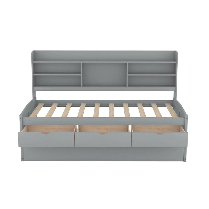 Solid Pine Wood Captain Bed with Bookcase Headboard, Storage Drawers and Pull-Out Trundle, Gray