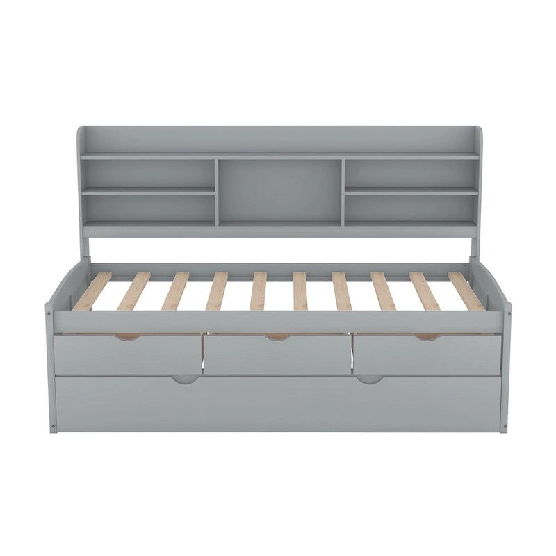 Solid Pine Wood Captain Bed with Bookcase Headboard, Storage Drawers and Pull-Out Trundle, Gray