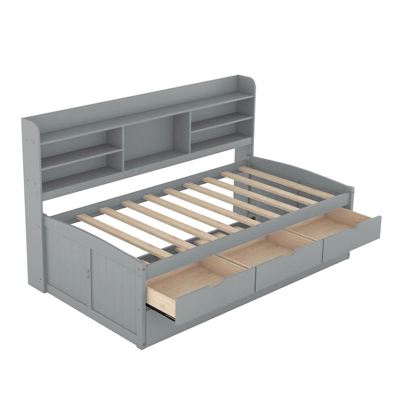 Solid Pine Wood Captain Bed with Bookcase Headboard, Storage Drawers and Pull-Out Trundle, Gray