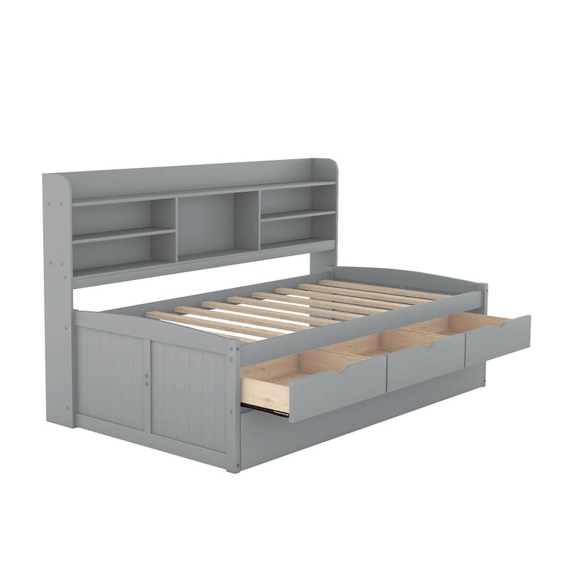 Solid Pine Wood Captain Bed with Bookcase Headboard, Storage Drawers and Pull-Out Trundle, Gray
