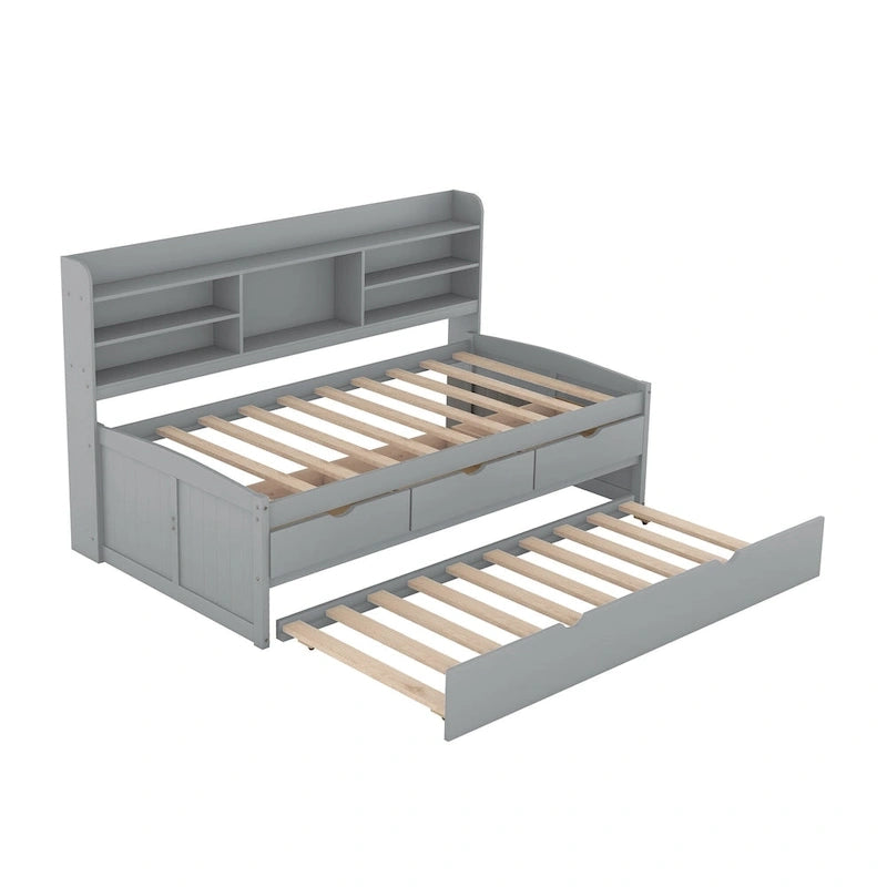 Solid Pine Wood Captain Bed with Bookcase Headboard, Storage Drawers and Pull-Out Trundle, Gray