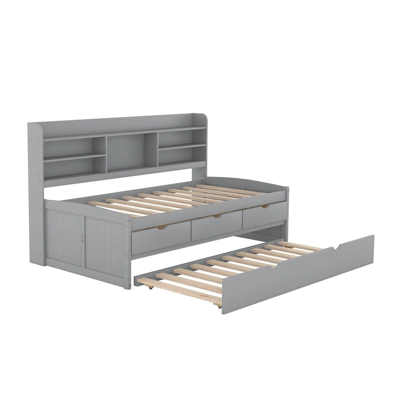Solid Pine Wood Captain Bed with Bookcase Headboard, Storage Drawers and Pull-Out Trundle, Gray