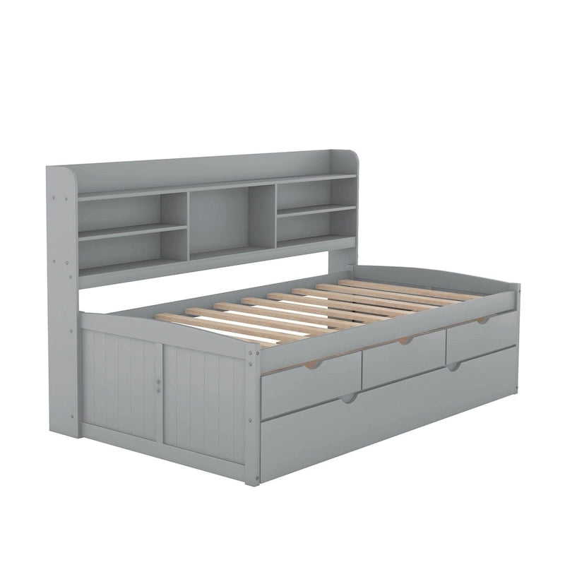 Solid Pine Wood Captain Bed with Bookcase Headboard, Storage Drawers and Pull-Out Trundle, Gray
