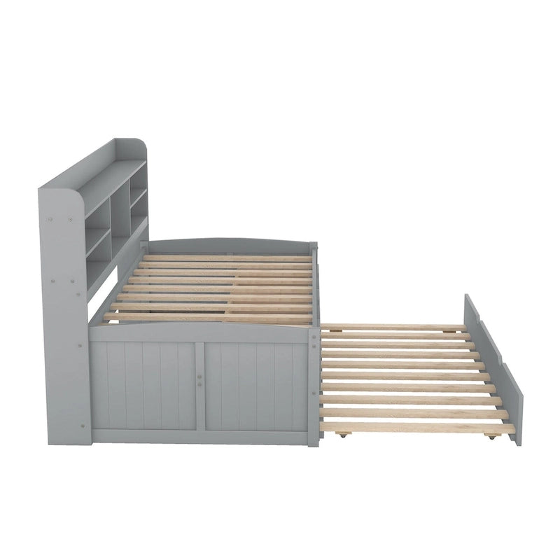 Solid Pine Wood Captain Bed with Bookcase Headboard, Storage Drawers and Pull-Out Trundle, Gray