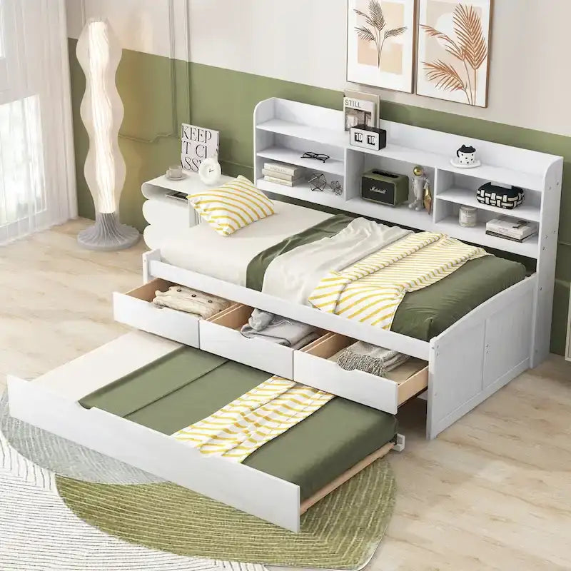 Solid Pine Wood Captain Bed with Bookcase Headboard, Storage Drawers and Pull-Out Trundle, Gray