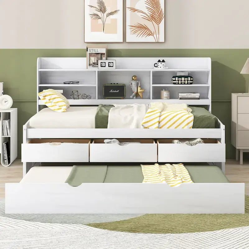Solid Pine Wood Captain Bed with Bookcase Headboard, Storage Drawers and Pull-Out Trundle, Gray