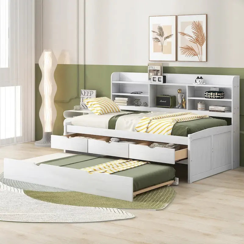 Solid Pine Wood Captain Bed with Bookcase Headboard, Storage Drawers and Pull-Out Trundle, Gray