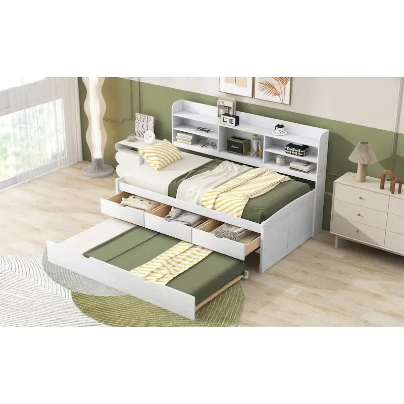 Solid Pine Wood Captain Bed with Bookcase Headboard, Storage Drawers and Pull-Out Trundle, Gray