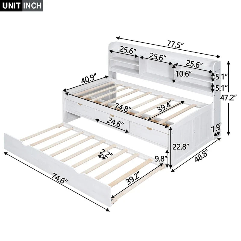 Solid Pine Wood Captain Bed with Bookcase Headboard, Storage Drawers and Pull-Out Trundle, Gray