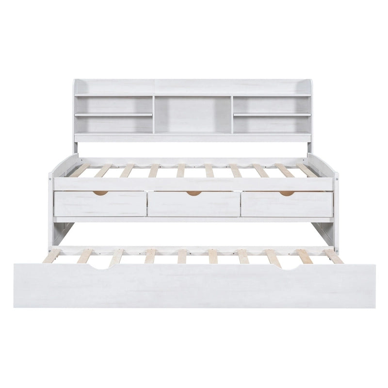 Solid Pine Wood Captain Bed with Bookcase Headboard, Storage Drawers and Pull-Out Trundle, Gray