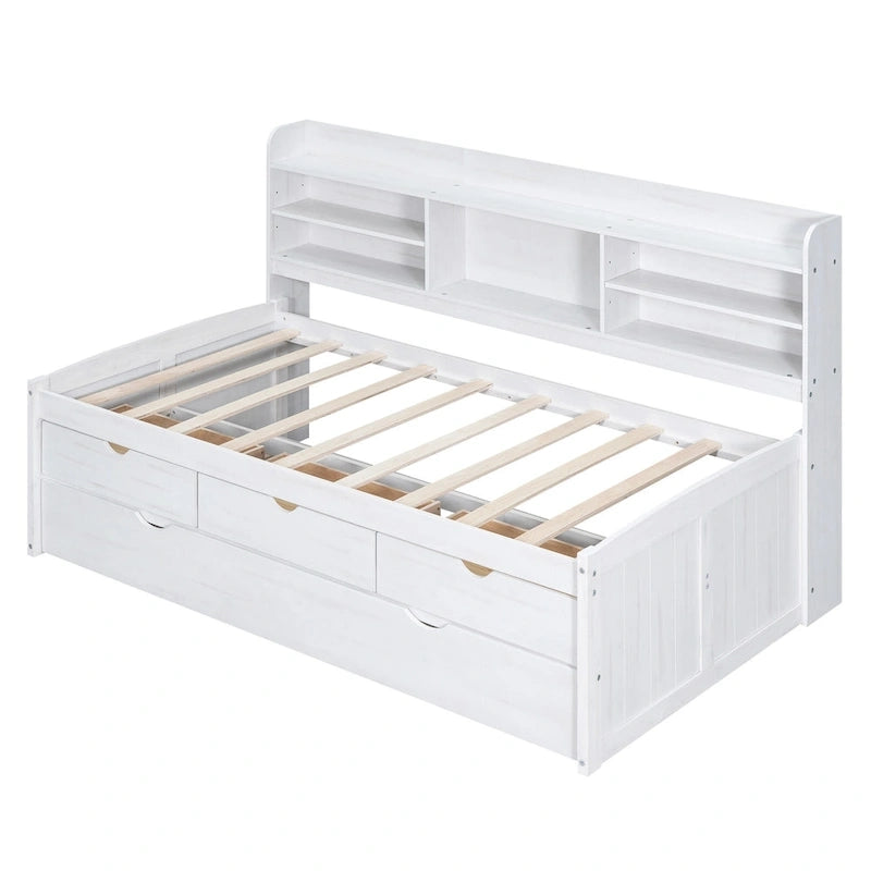 Solid Pine Wood Captain Bed with Bookcase Headboard, Storage Drawers and Pull-Out Trundle, Gray